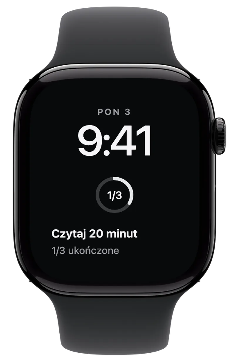 Komplikacje na Apple Watch: Jeden cel gotowy, dwa zostały. Przy kilku wyzwaniach pierścień pokazuje dzisiejszy postęp. Tutaj odhaczony jest jeden z trzech celów.