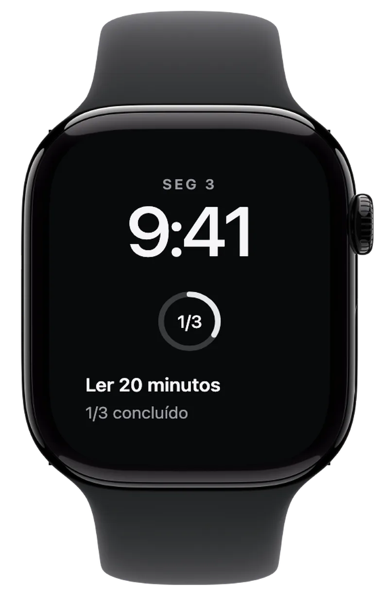 Complicações para o Apple Watch: Um objetivo feito, dois por concluir. Com vários desafios, o anel mostra o progresso de hoje. Neste exemplo, um de três objetivos está assinalado.