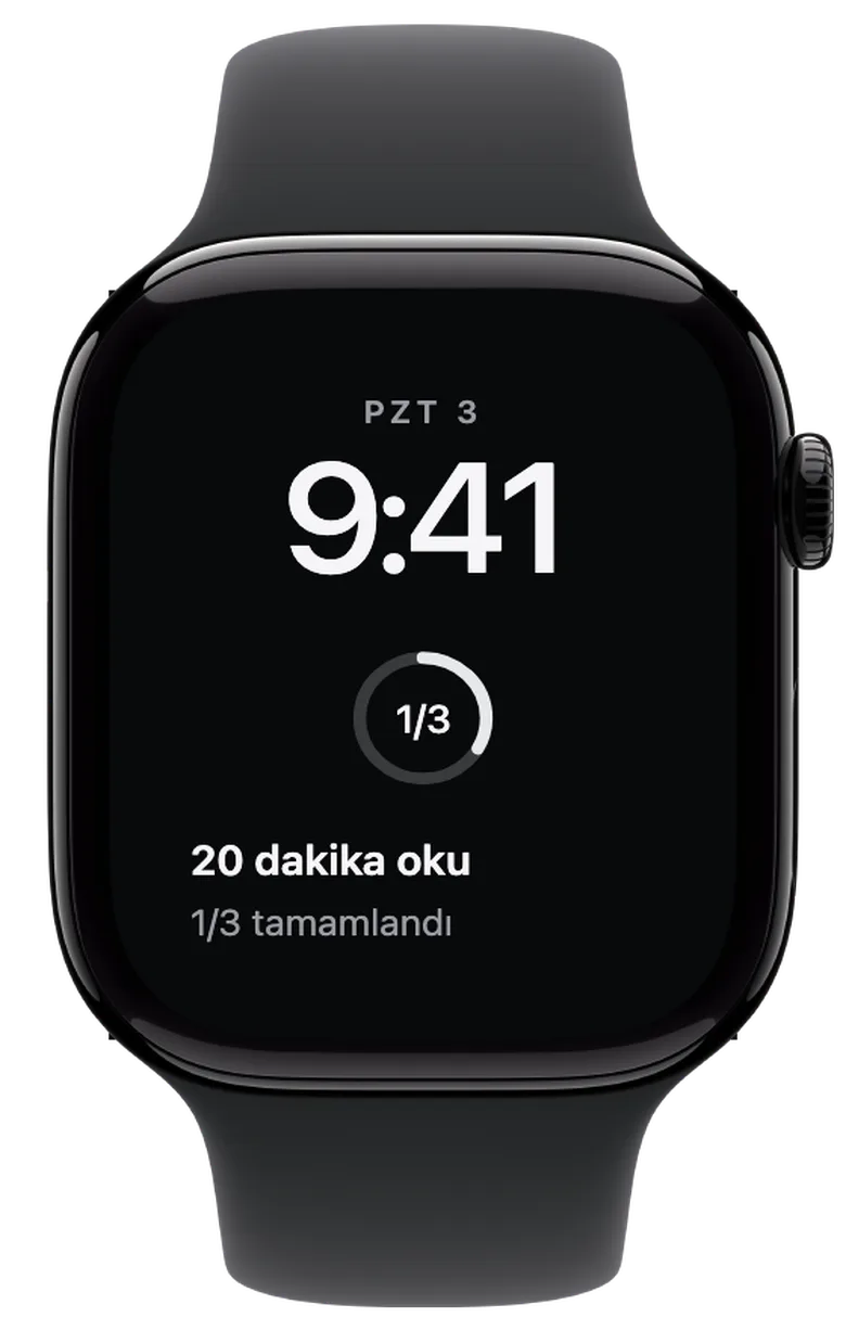 Apple Watch komplikasyonları: Biri tamamlandı, ikisi kaldı. Birden fazla hedefin olduğunda halka bugünkü ilerlemeni gösterir. Bu örnekte üç hedeften biri işaretlenmiş.