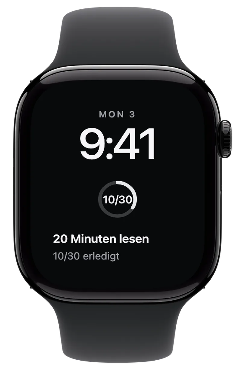 Komplikationen für die Apple Watch: Ein Ziel, heute noch offen. Du hast bereits zehn von 30 Tagen geschafft. Der Ring zeigt den Fortschritt deiner Challenge. Heute ist dein Ziel noch nicht abgehakt.