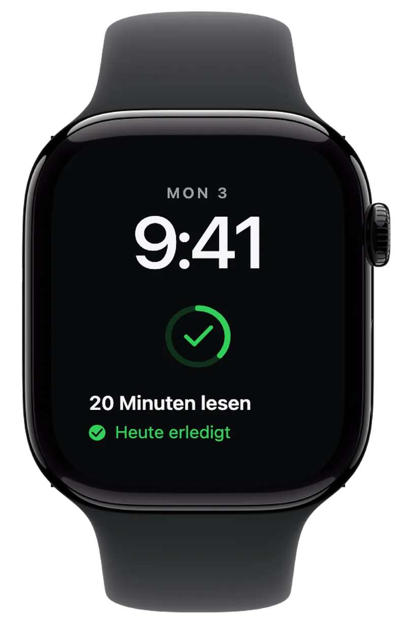Komplikationen für die Apple Watch: Dein Häkchen für heute. Nach dem Abhaken wird der Ring grün und zeigt einen Haken. Seine Füllung zeigt weiterhin deinen Gesamtfortschritt: jetzt elf von 30 Tagen.