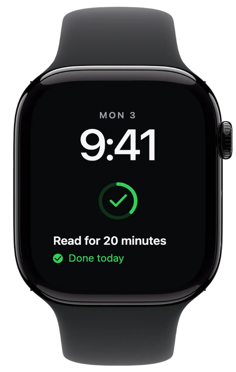 Apple Watch complications: Today's check-off. Checking off today turns the ring green and adds a checkmark. The fill still shows your overall progress: now eleven of 30 days.