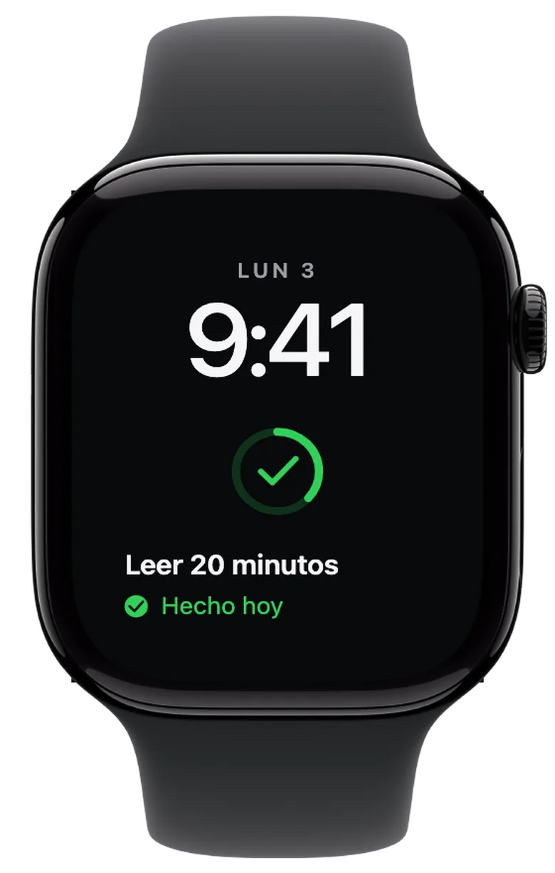 Complicaciones para el Apple Watch: Tu objetivo de hoy, marcado. Al marcar el día, el anillo se vuelve verde y aparece una marca de verificación. El relleno sigue mostrando el progreso total: ahora once de 30 días.