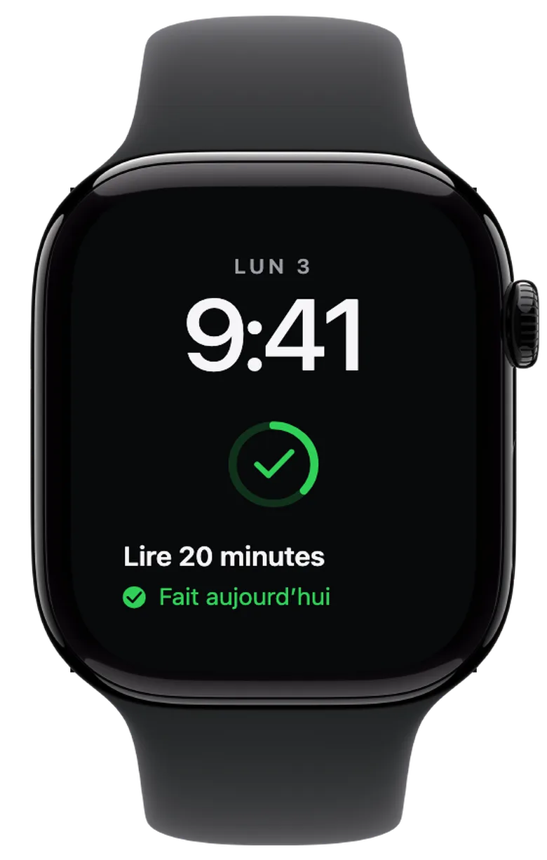 Complications pour l’Apple Watch: Ta coche du jour. Lorsque tu coches la journée, l’anneau devient vert et affiche une coche. Son remplissage représente toujours ta progression globale : désormais onze jours sur 30.
