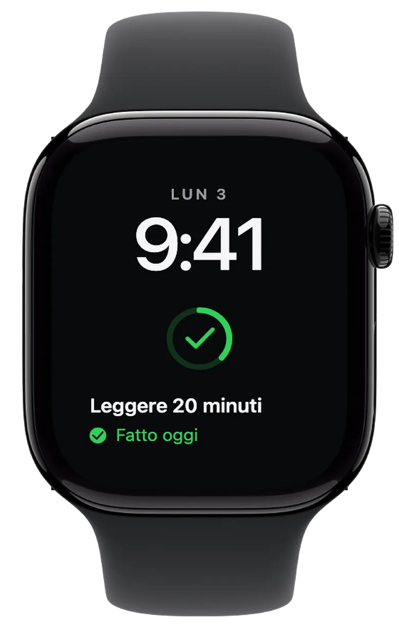 Complicazioni per Apple Watch: La spunta di oggi. Quando spunti la giornata, l’anello diventa verde e mostra un segno di spunta. Il riempimento continua a indicare i progressi complessivi: ora undici giorni su 30.