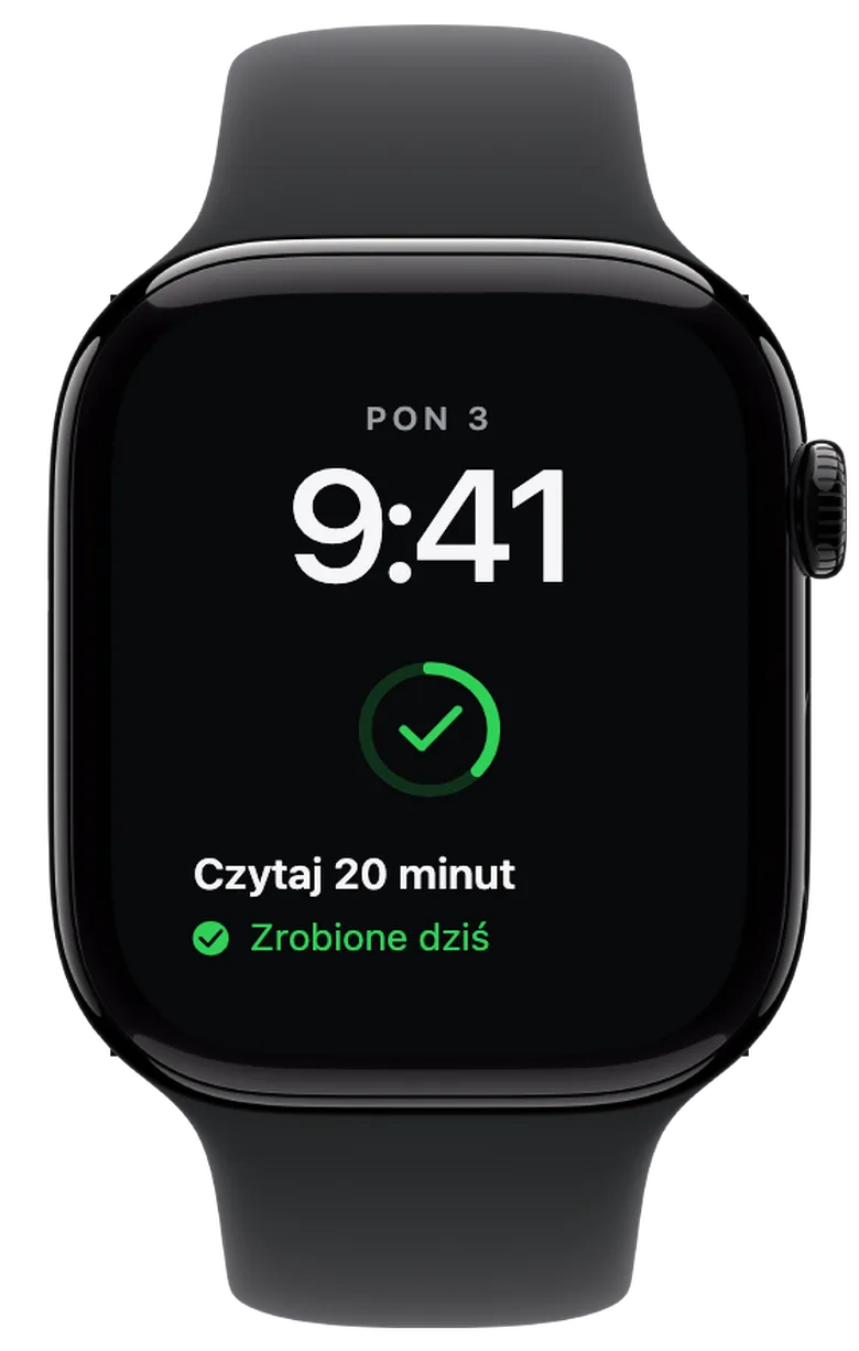 Komplikacje na Apple Watch: Dzisiejszy cel odhaczony. Po odhaczeniu dnia pierścień staje się zielony i pokazuje znacznik. Jego wypełnienie nadal przedstawia postęp całego wyzwania: teraz jedenaście z 30 dni.
