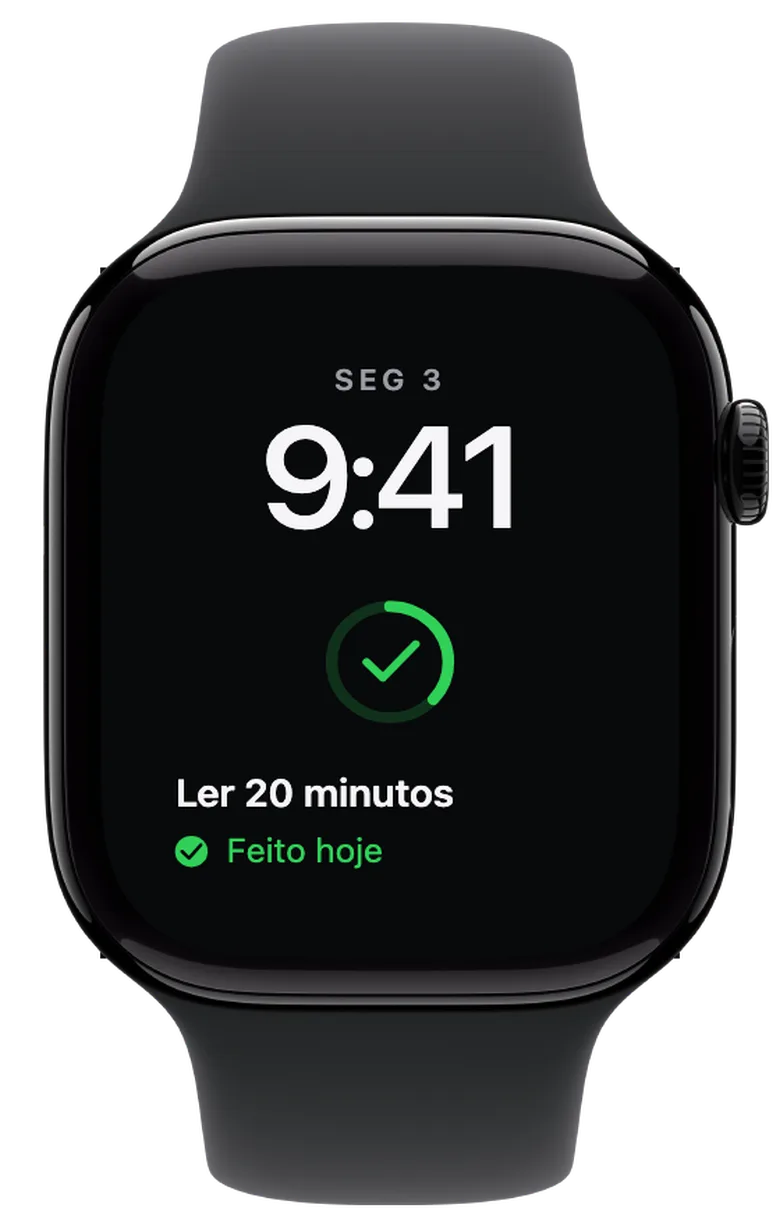 Complicações para o Apple Watch: O teu objetivo de hoje, assinalado. Ao assinalares o dia, o anel fica verde e mostra uma marca de conclusão. O preenchimento continua a indicar o progresso total: agora onze de 30 dias.