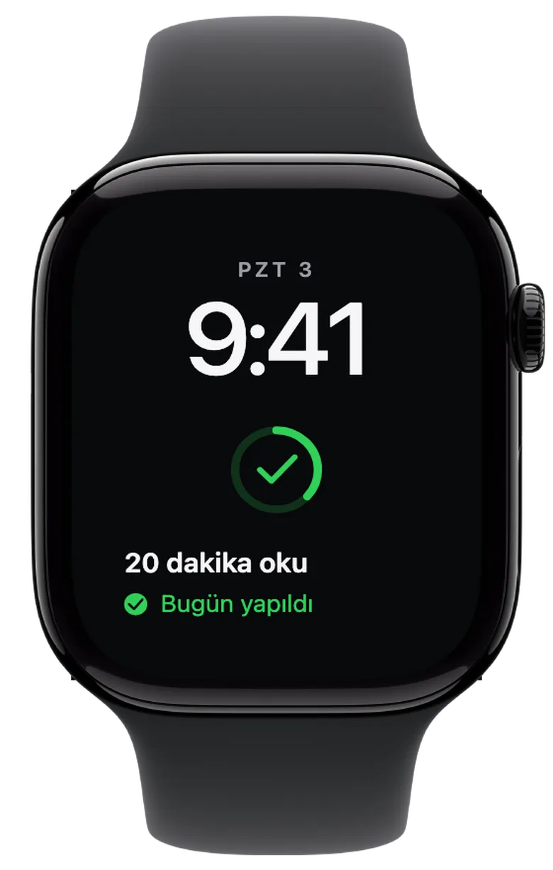Apple Watch komplikasyonları: Bugünkü onay işaretin. Günü işaretlediğinde halka yeşile döner ve bir onay işareti görünür. Doluluk hâlâ toplam ilerlemeni gösterir: artık 30 günün on biri tamamlandı.