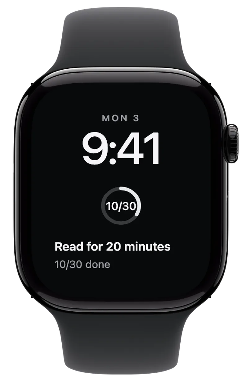 Apple Watch complications: One goal, not checked off today. You have completed ten of 30 days. The ring shows your challenge's overall progress. Today's goal is still open.