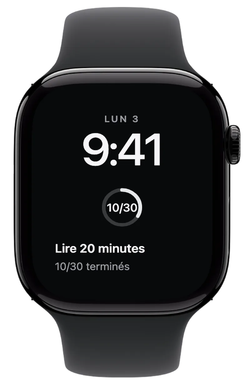 Complications pour l’Apple Watch: Un objectif encore à cocher. Tu as accompli dix jours sur 30. L’anneau représente la progression de ton challenge. Ton objectif du jour n’est pas encore coché.