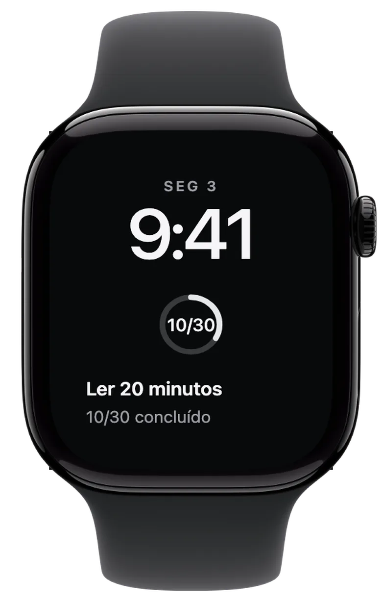 Complicações para o Apple Watch: Um objetivo ainda por assinalar. Concluíste dez de 30 dias. O anel mostra o progresso do desafio. O objetivo de hoje ainda não está assinalado.
