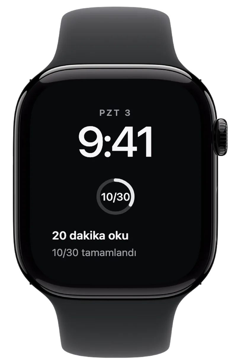 Apple Watch komplikasyonları: Bugünkü hedef henüz işaretlenmedi. 30 günün onunu tamamladın. Halka, meydan okumanın toplam ilerlemesini gösteriyor. Bugünkü hedefin henüz işaretlenmedi.