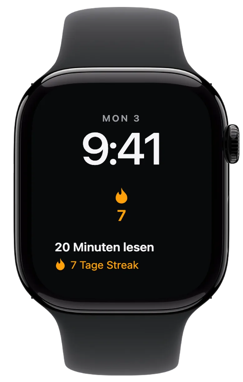 Komplikationen für die Apple Watch: Deine Serie im Blick. Die Flamme mit der Zahl 7 steht für sieben erledigte Tage in Folge. In der rechteckigen Ansicht siehst du auch, zu welcher Challenge die Serie gehört.