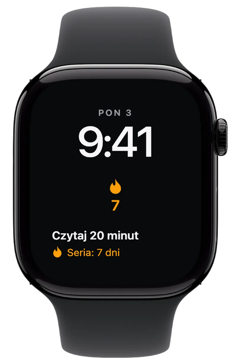 Komplikacje na Apple Watch: Twoja seria w zasięgu wzroku. Płomień z liczbą 7 oznacza siedem ukończonych dni z rzędu. Prostokątna wersja pokazuje także, którego wyzwania dotyczy seria.