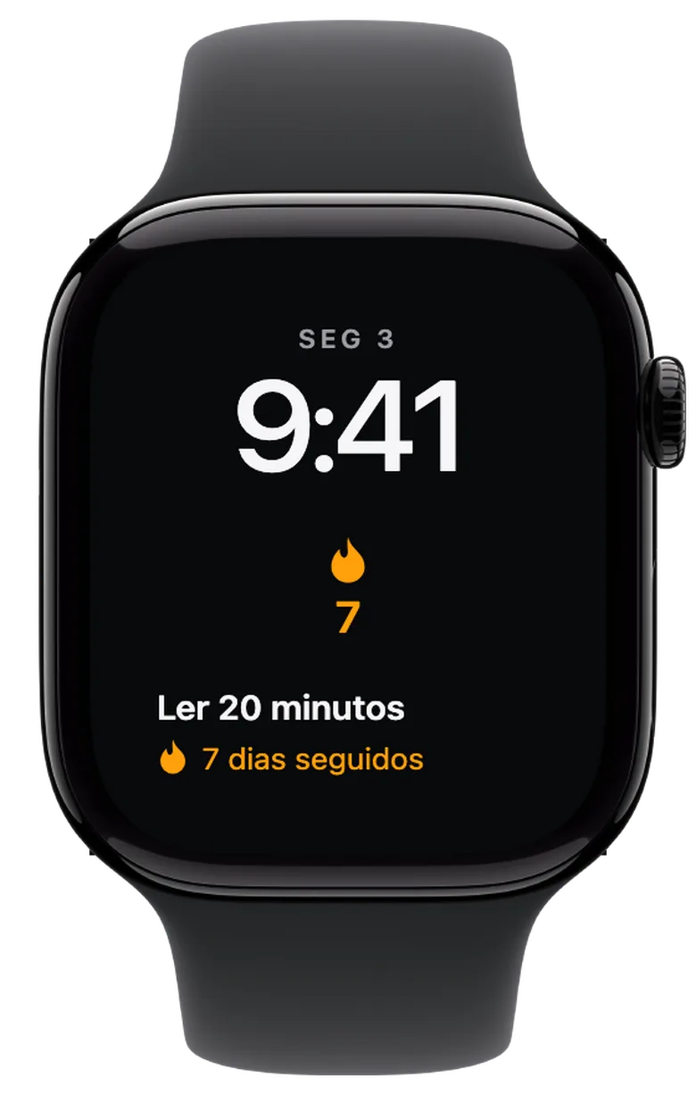Complicações para o Apple Watch: A tua sequência à vista. A chama com o número 7 representa sete dias concluídos seguidos. A versão retangular também mostra a que desafio pertence a sequência.