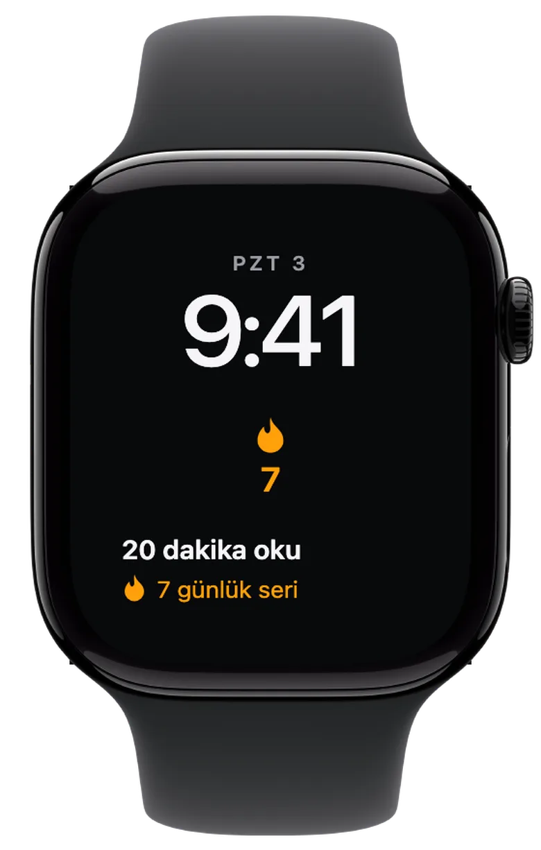 Apple Watch komplikasyonları: Serin gözünün önünde. Alevin yanındaki 7 sayısı, art arda tamamlanan yedi günü gösterir. Dikdörtgen görünümde serinin hangi hedefe ait olduğunu da görürsün.