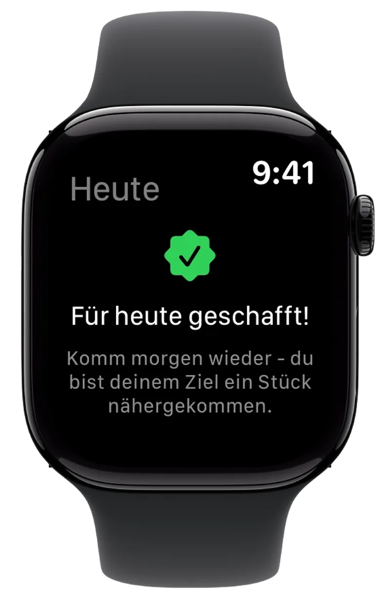 Apple Watch mit der Meldung „Für heute geschafft!“ nach dem letzten Abhaken