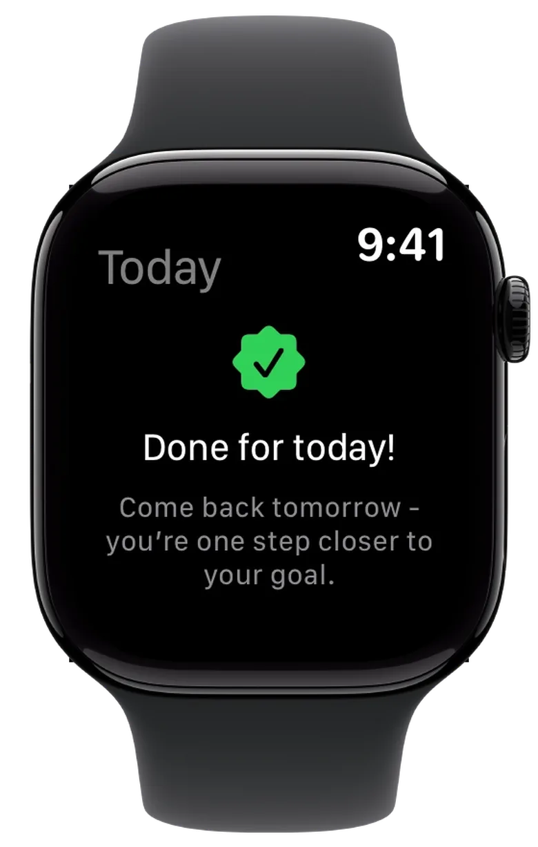 Apple Watch showing the message “Done for today!” after the last check-off