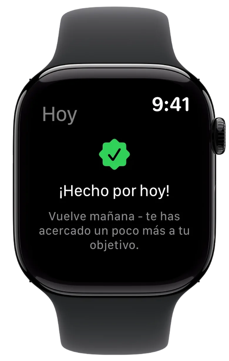 Apple Watch con el mensaje «¡Hecho por hoy!» tras la última marca
