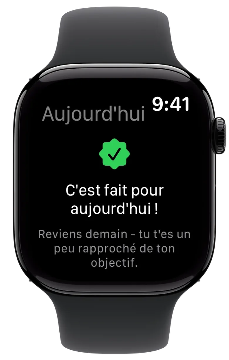 Apple Watch affichant le message « Fait pour aujourd'hui&nbsp;! » après la dernière coche
