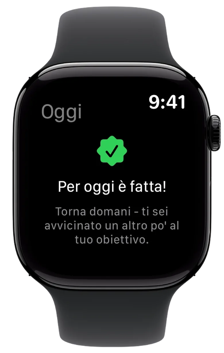 Apple Watch con el mensaje «¡Fatto per oggi!» tras la última marca