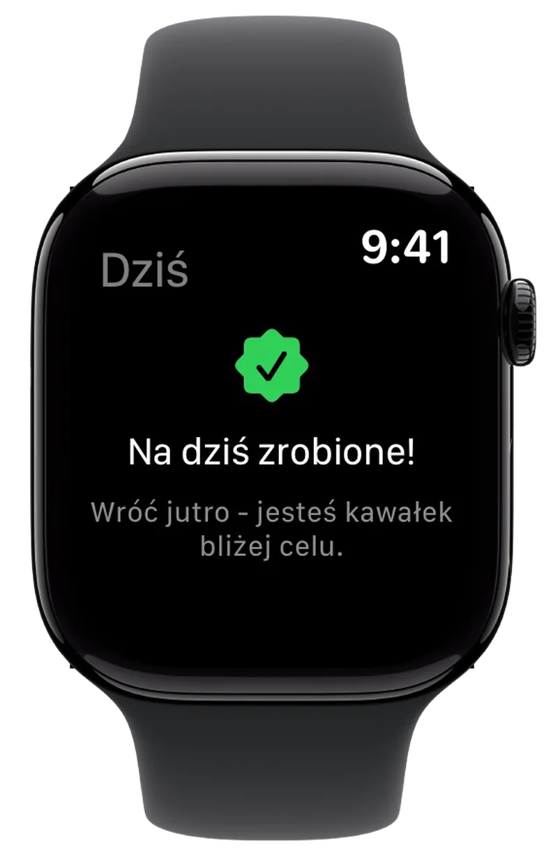Apple Watch con el mensaje «¡Na dziś zrobione!» tras la última marca