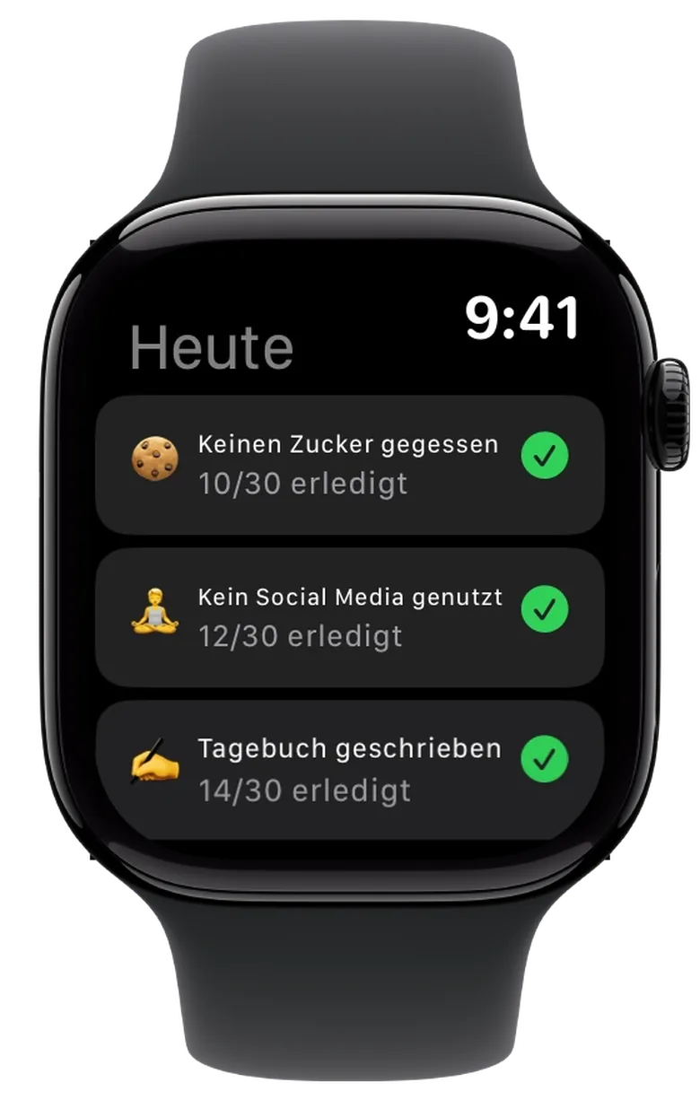 Apple Watch mit drei Challenges untereinander, jede mit grünem Haken und der Zahl der erledigten Tage