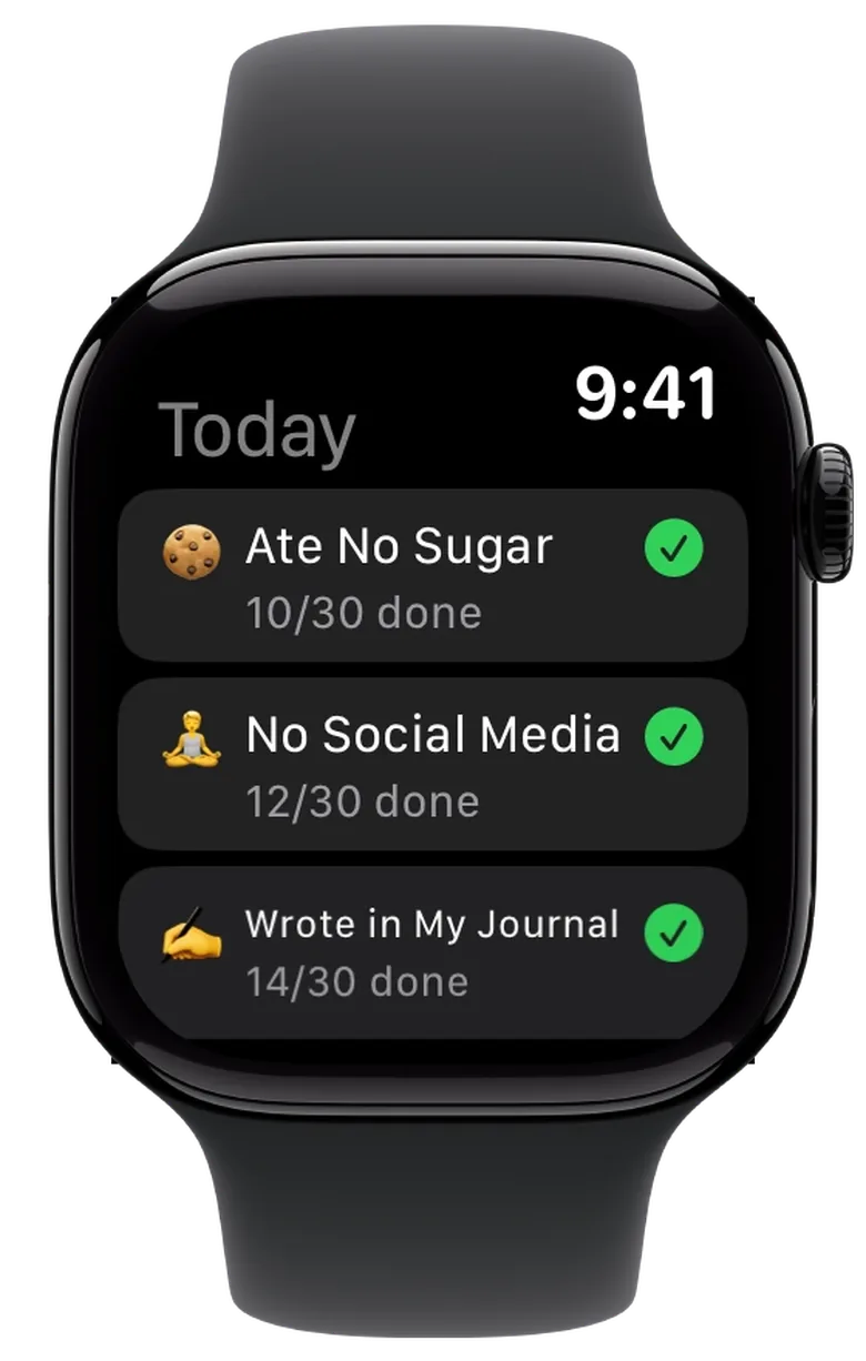 Apple Watch showing three challenges one below the other, each with a green tick and the days done