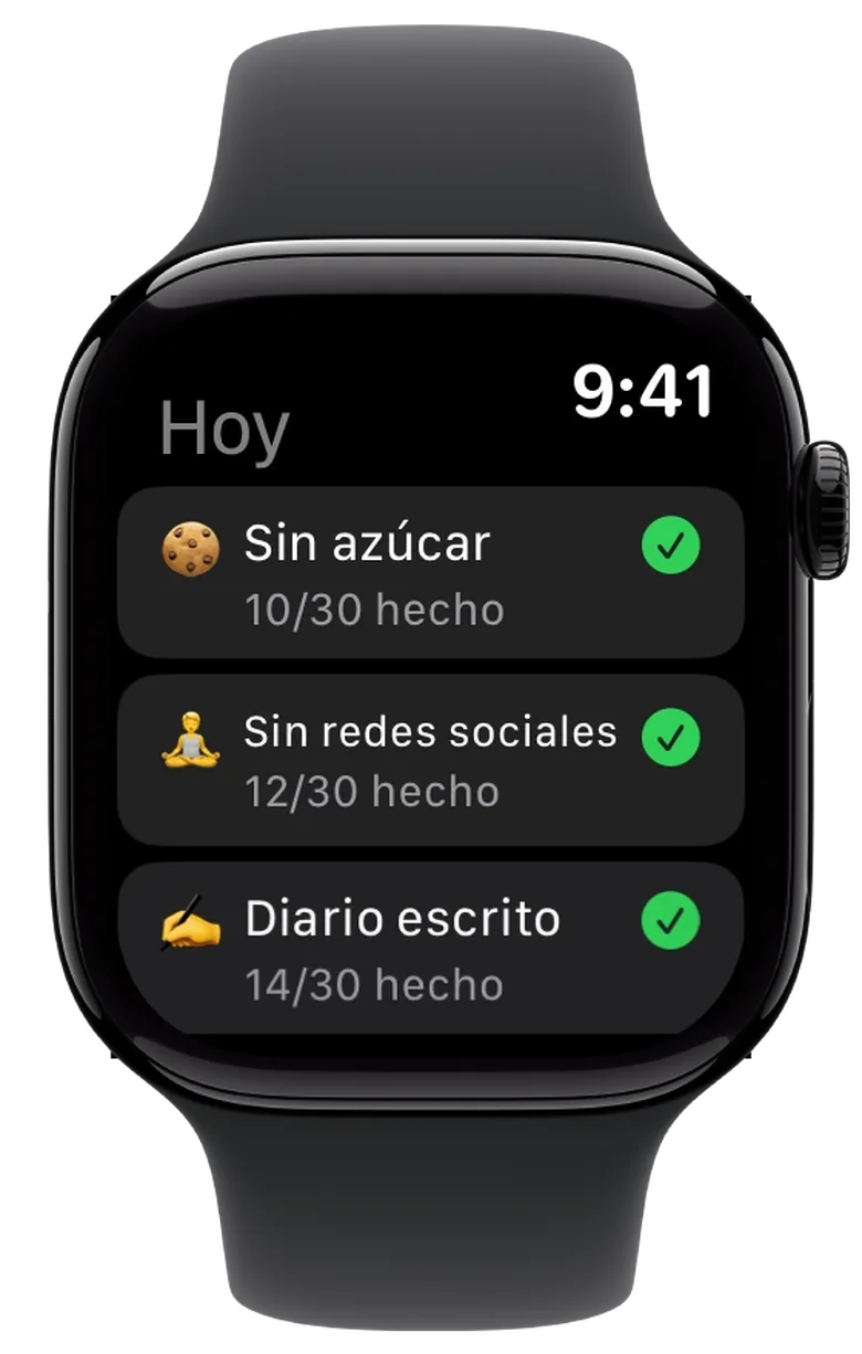 Apple Watch con tres challenges una debajo de otra, cada una con su marca verde y los días cumplidos