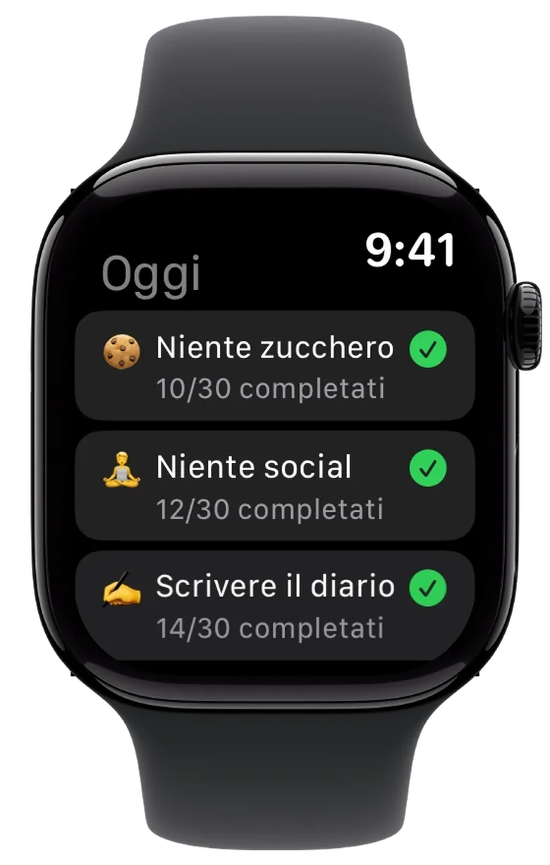 Apple Watch con tre challenge una sotto l’altra, ognuna con il segno verde e i giorni completati