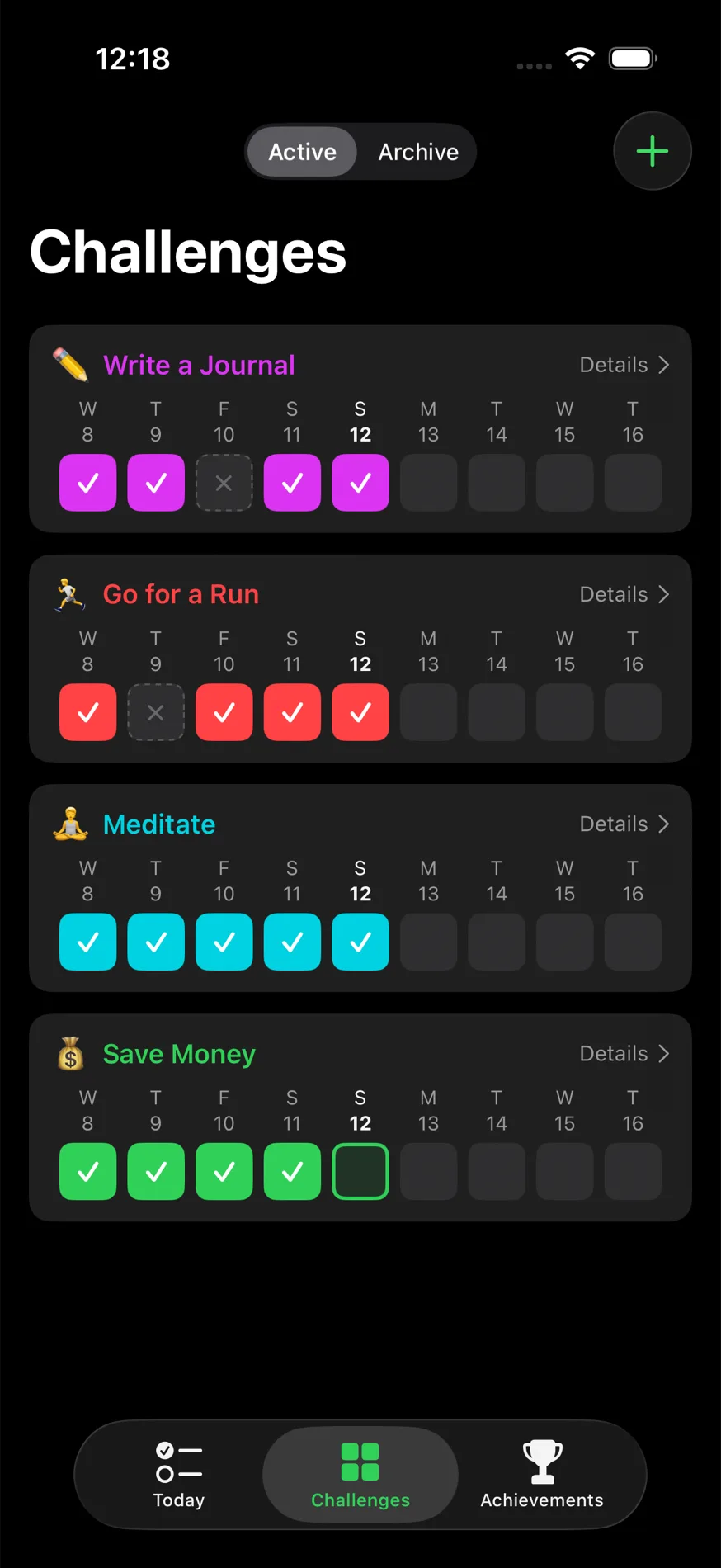 Challenges view: monthly grid progress for all active challenges