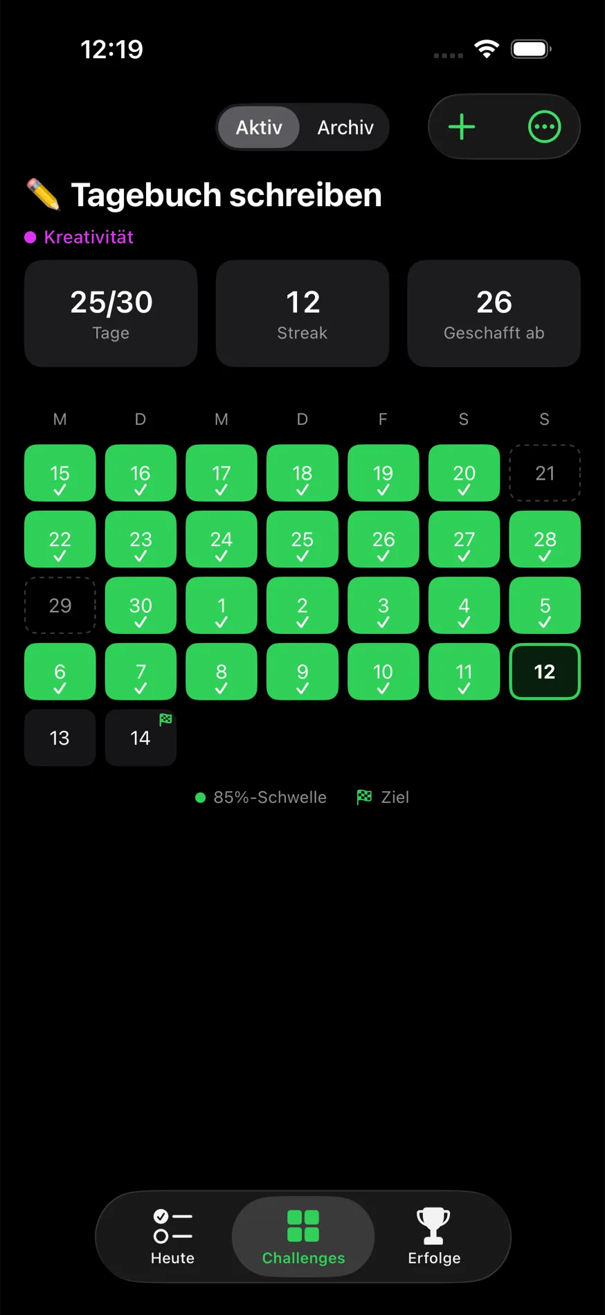 Kalender-Ansicht einer einzelnen Challenge mit Tagesfortschritt und Streak-Zähler