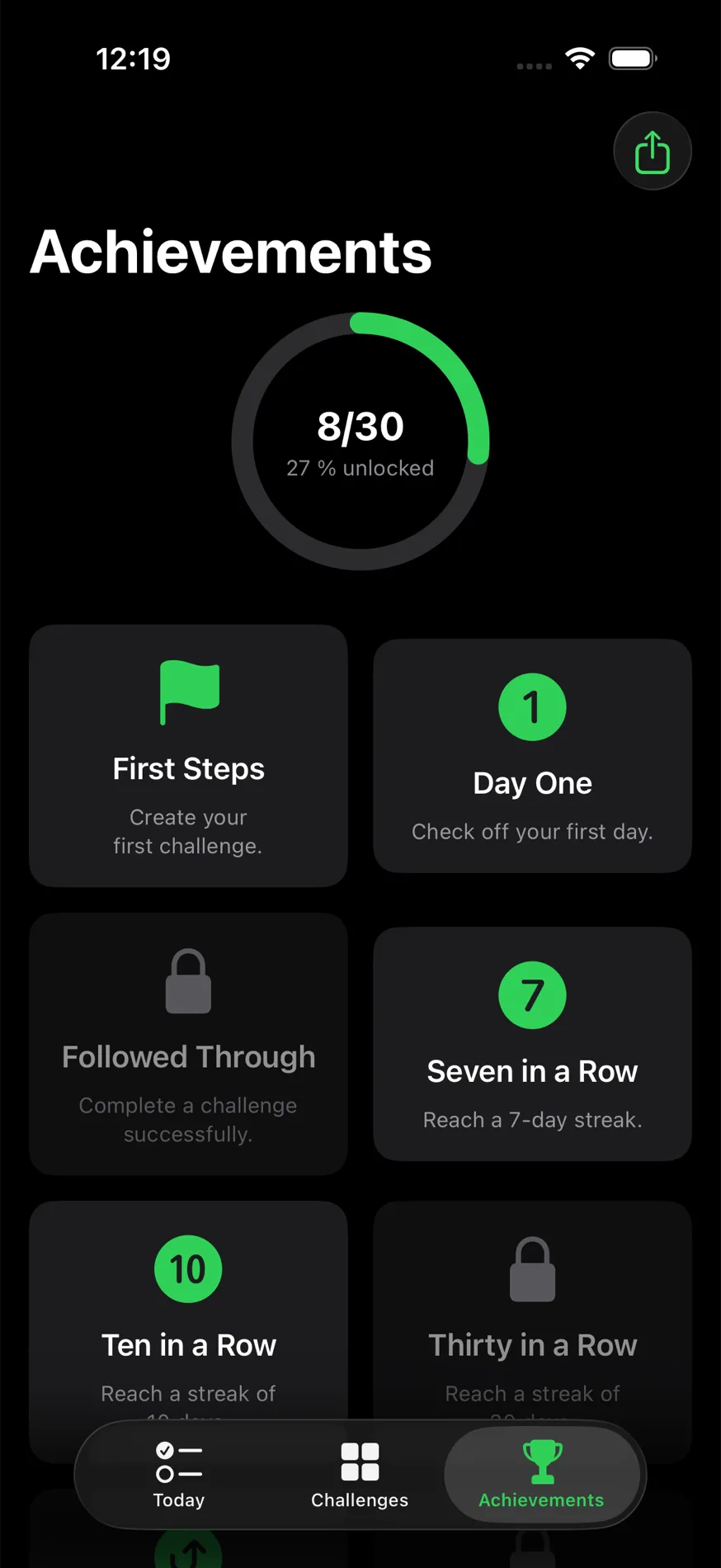 Achievements view: unlocked badges and progress ring