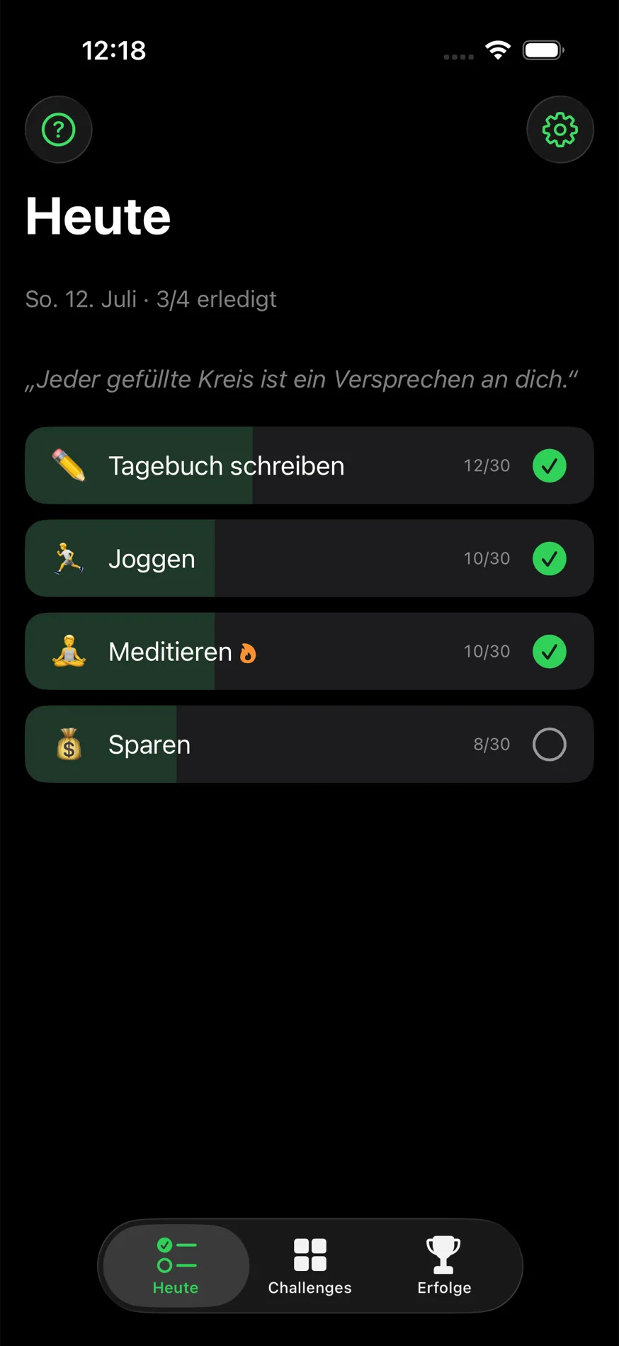 Heute-Ansicht von 12 Challenges im Dark Mode: vier Challenges, drei davon abgehakt