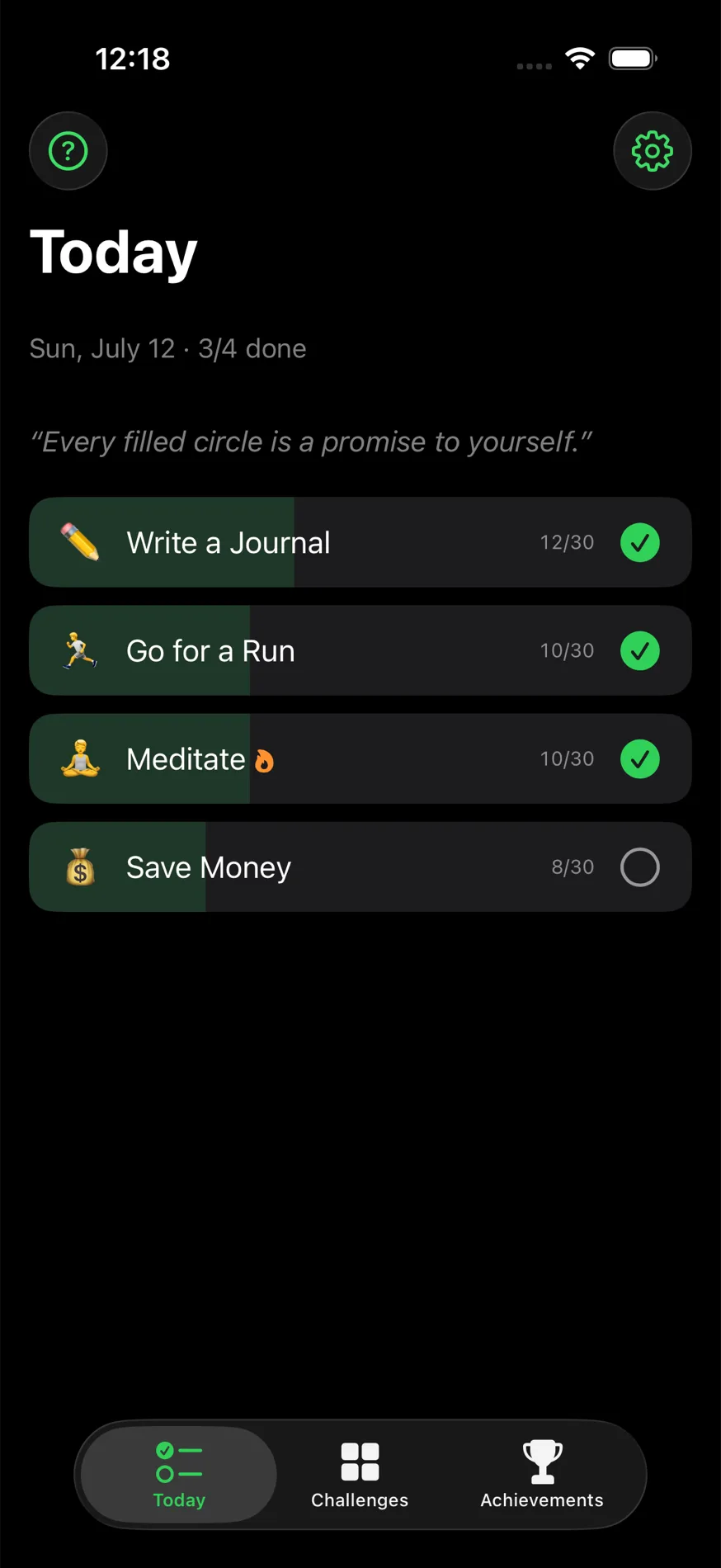 Today view of 12 Challenges in dark mode: four challenges, three of them checked off