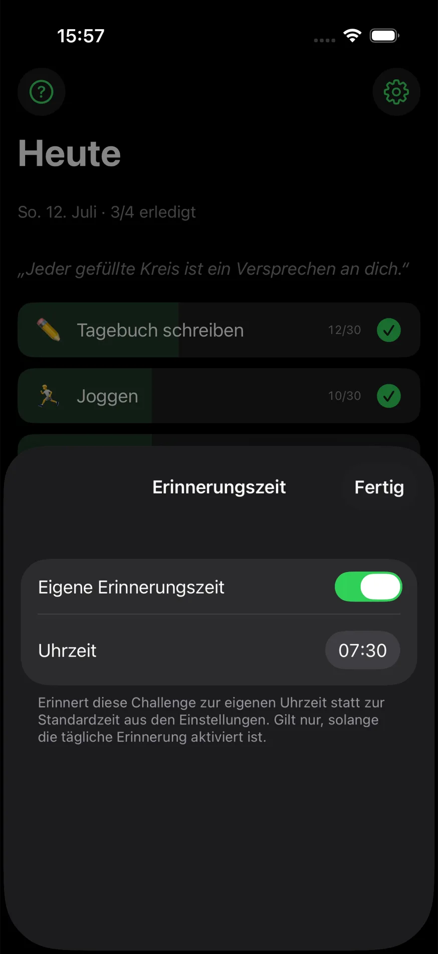 Erinnerungszeit-Sheet: eigene Uhrzeit für eine einzelne Challenge eingestellt
